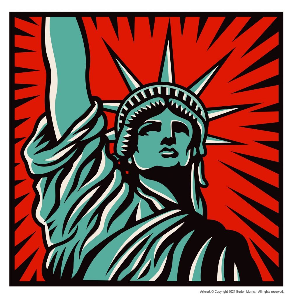 Pop Art version of the Statue of Liberty on Red Background