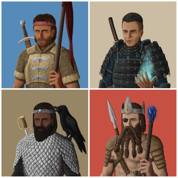 four medieval looking warrior characters